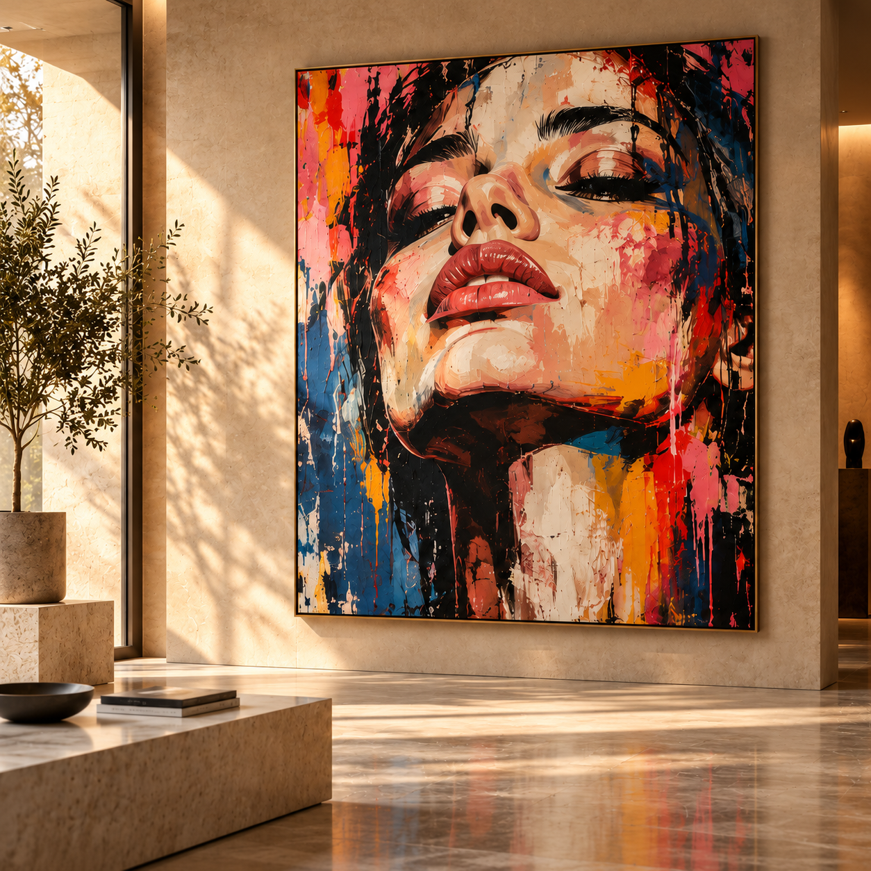 Expressive contemporary portrait displayed in a sunlit gallery interior